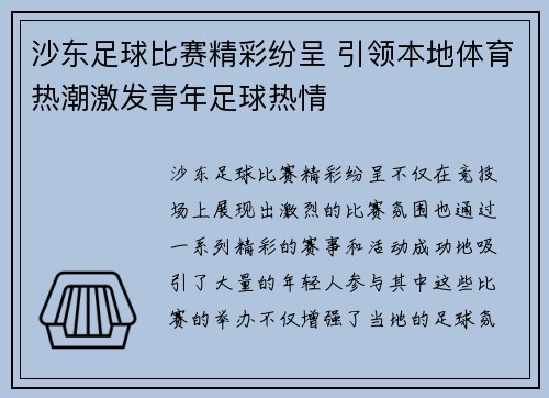 沙东足球比赛精彩纷呈 引领本地体育热潮激发青年足球热情